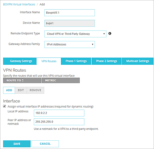 Screen shot of BOVPN virtual interface VPN Routes page