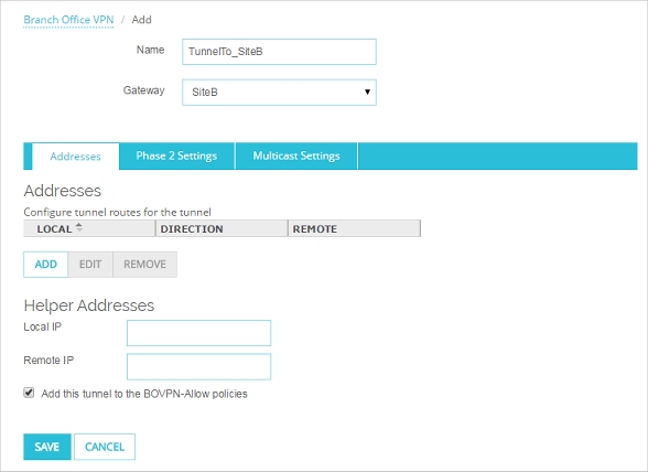 Screen shot of the Tunnel settings page - Addresses tab