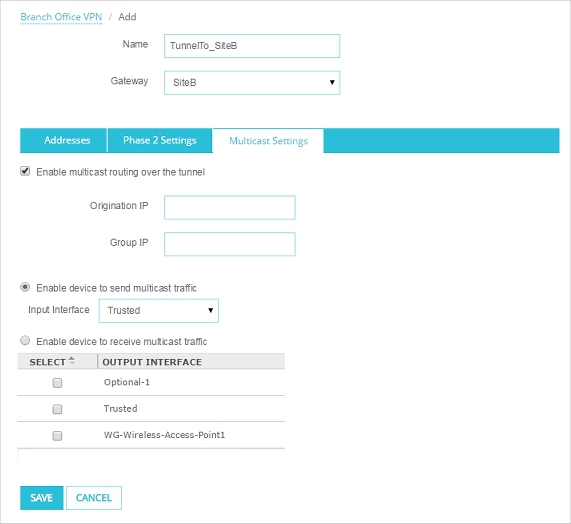 Screen shot of the Tunnel configuration - Multicast settings