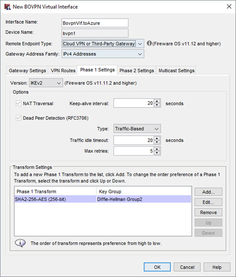 Screen shot of Phase 1 settings