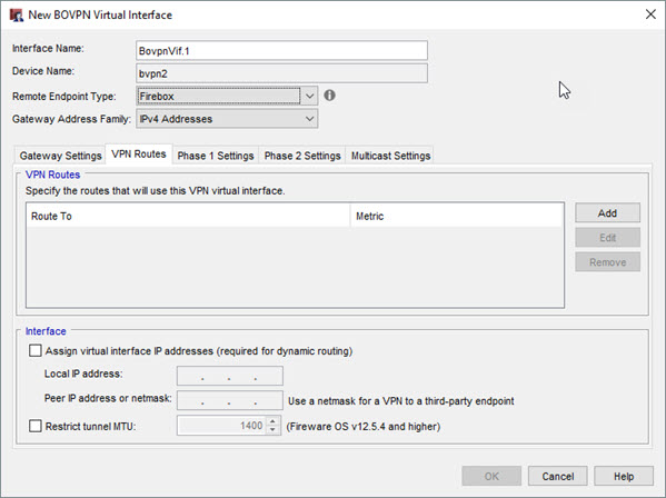 Screen shot of the New BOVPN Virtual Interface dialog box, VPN Routes tab