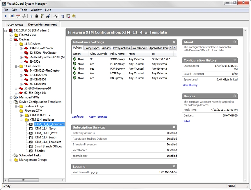 Screen shot of the Fireware XTM Device Template page