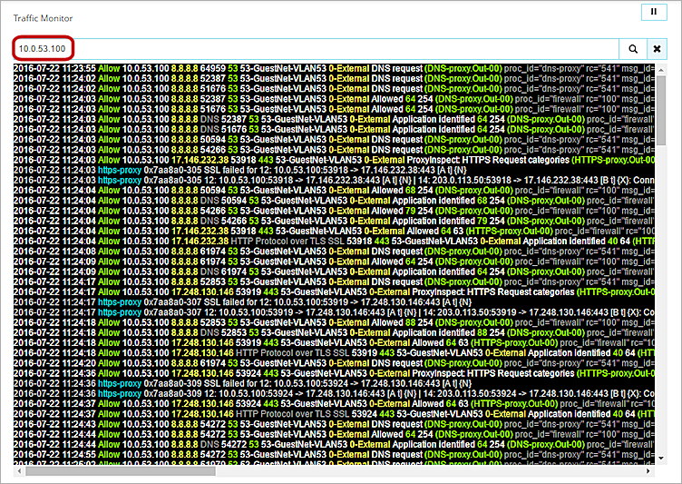 Screen shot of the Traffic Monitor page filtered for an IP address