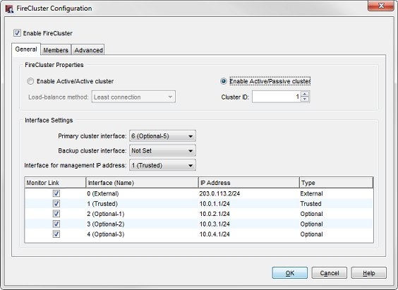 Screen shot of the FireCluster Configuration dialog box — General tab