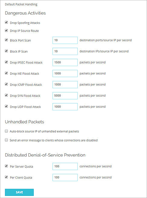 Screen shot of the Default Packet Handling page