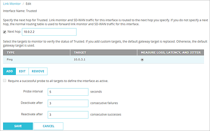 Screen shot of the Link Monitor settings for an internal interface