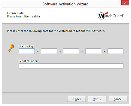 Screen shot of the Software Activation Wizard, License Data step