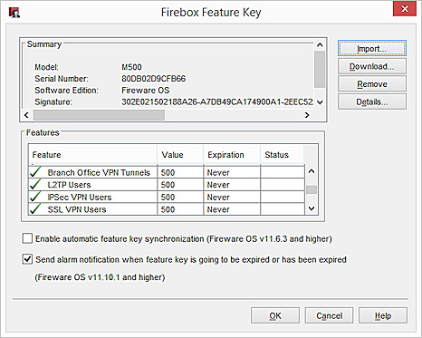 Cuadro de diálogo Llave de Licencia de Firebox que muestra las funciones de VPN