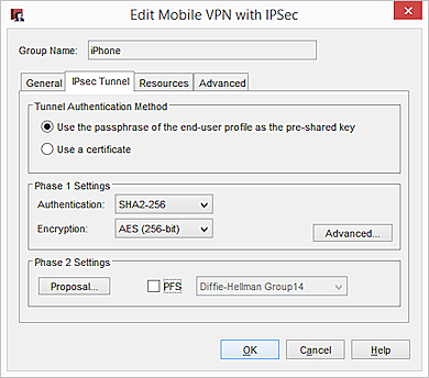 Screen shot of the Edit Mobile VPN with IPSec dialog box, IPsec Tunnel tab