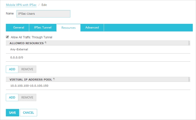 Screen shot of the MVPN with IPSec edit settings page, Resources tab