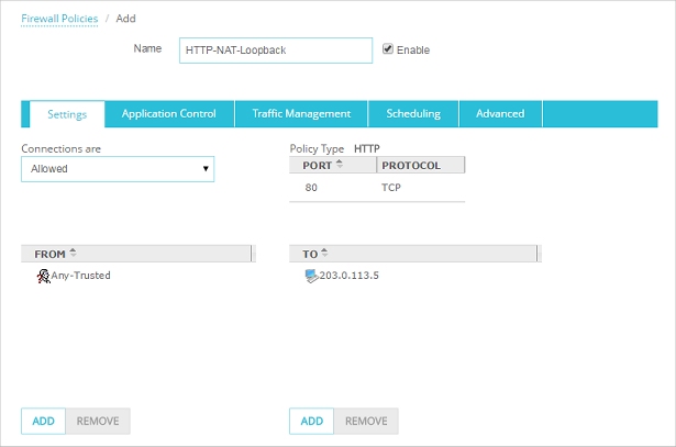 Sscreen shot of the NAT loopback policy example settings