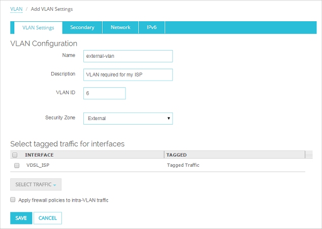 Screen shot of the VLAN Settings tab, with the VLAN ID set to 6