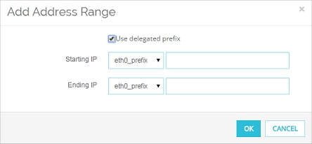 Screen shot of the Add Address Range dialog box with a delegated prefix