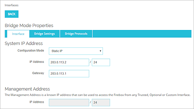 Screen shot of the System IP address settings in Bridge Mode