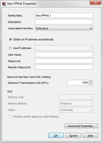 Screen shot of the New PPPoE Properties dialog box