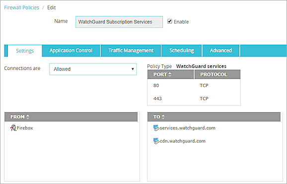 Screen shot of a policy for Firebox-generated traffic