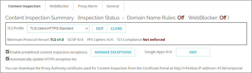 Screen shot of the Content Inspection Summary with Domain Name Rules On