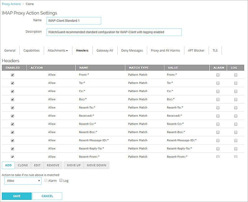 Screen shot of the Headers settings for an IMAP proxy action in Fireware Web UI