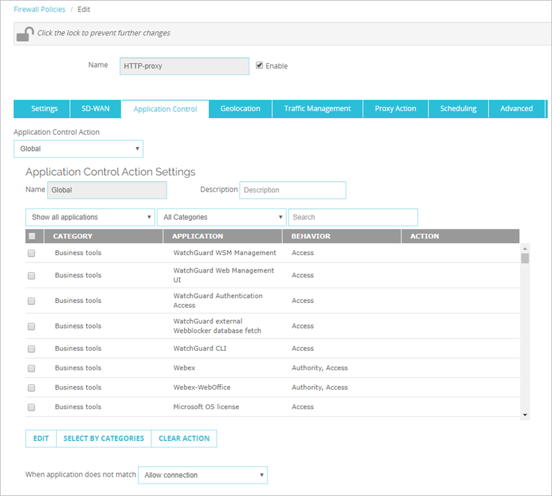 Screen shot of Firewall Policies, edit Application Control