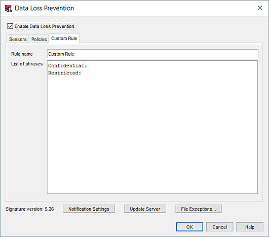 Screen shot of the Data Loss Prevention dialog box, Custom Rule tab