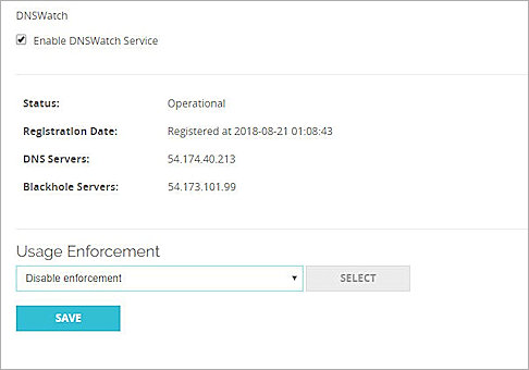 Screen shot of the DNSWatch configuration page with Registration Status and DNS Servers