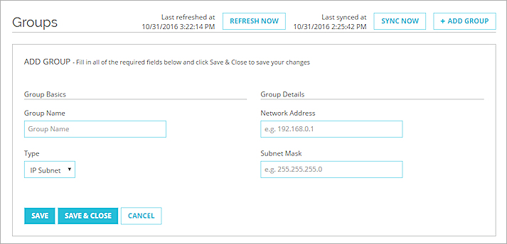 Screen shot of the Add Group dialog box for an IP Subnet group