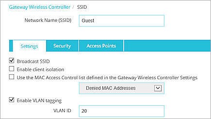 Screen shot of the Add SSID page for the Guest SSID