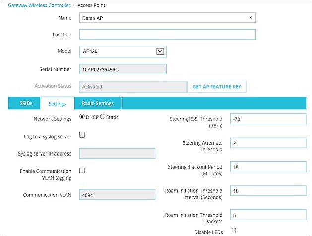 Screen shot of the Gateway Wireless Controller settings for an AP100 device