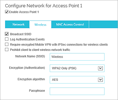 Screen shot of the Wireless network access configuration page