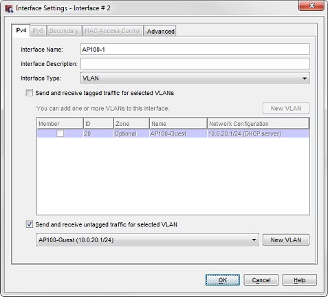 Screen shot of the Interface Settings for VLAN interface AP100-1