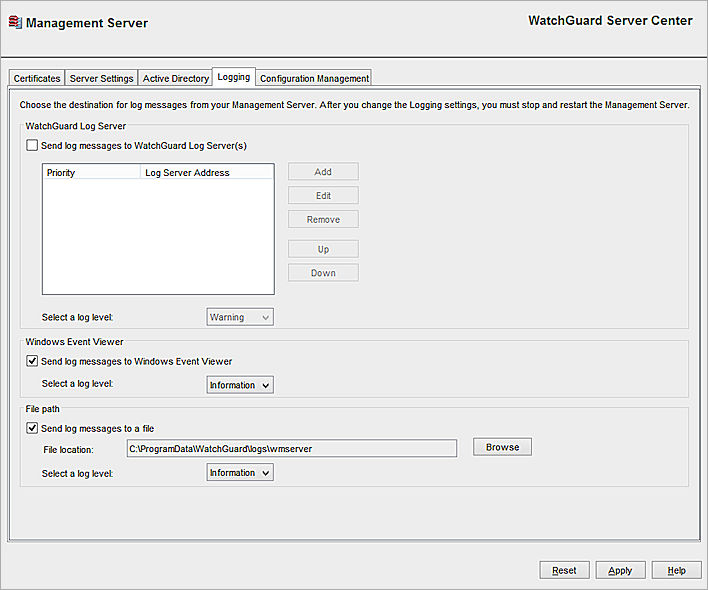 Screen shot of the Management Server Logging tab
