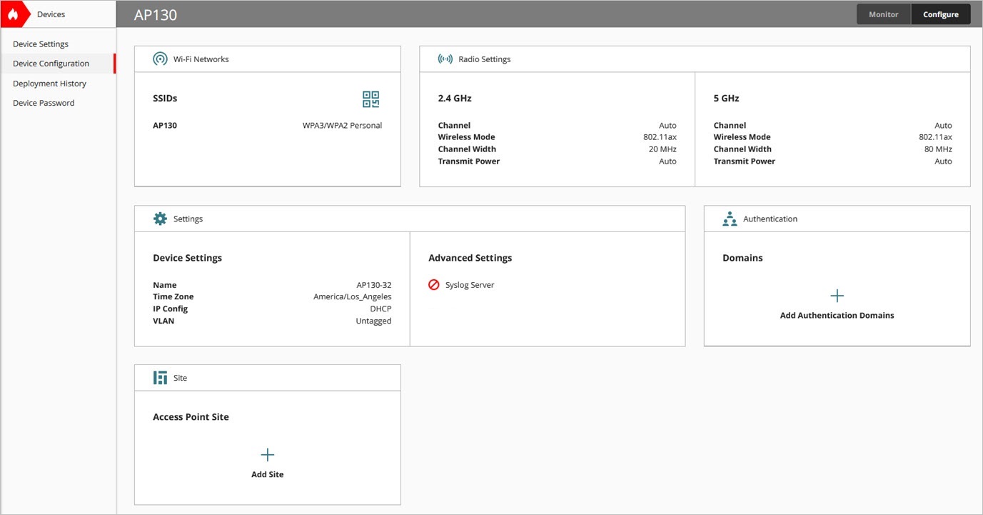 Screen shot of the main Device Configuration page for access points in WatchGuard Cloud