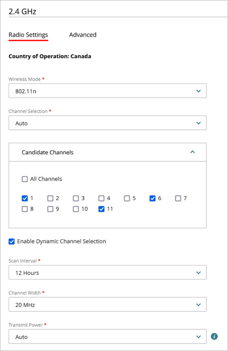 Screen shot of the radio settings for an access point