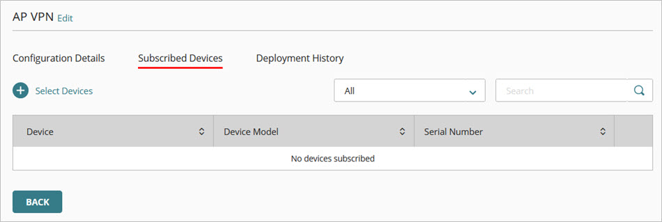 Screen shot of the Subscribed Devices tab in an Access Point Site configuration