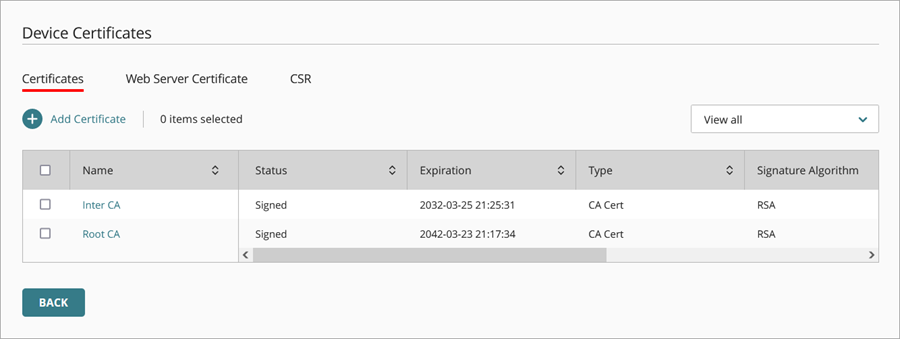 Screen shot of the Device Certificates list in Device Manager