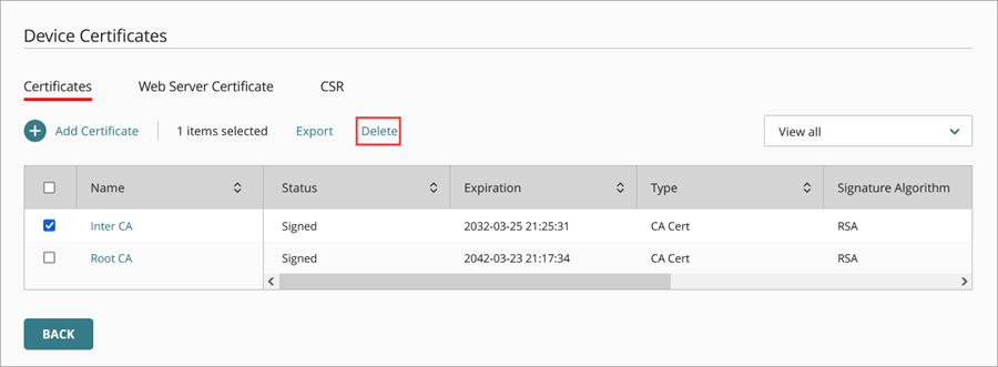 Screen shot of the Delete option on the Device Certificates page