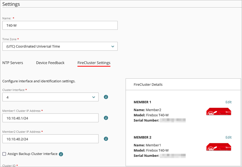 Screen shot of the FireCluster Settings page