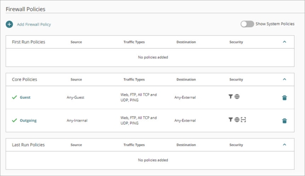 Screen shot of the Firewall Policies page with the default Outgoing policy