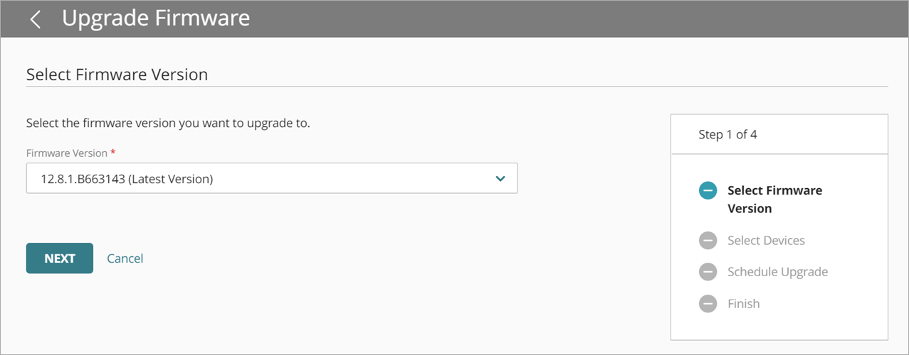 Screen shot of Upgrade Firmware wizard, Select Firmware Version