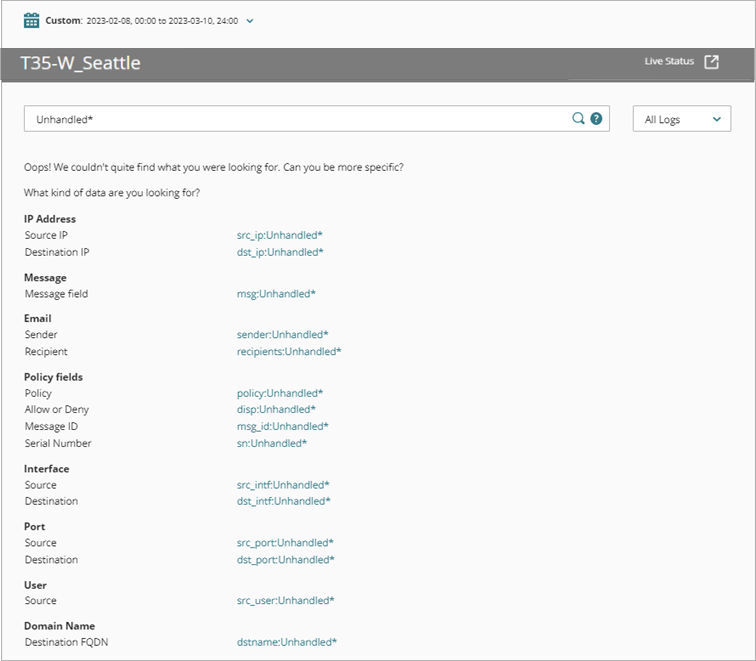 Screenshot of the Log Search page with search assistance