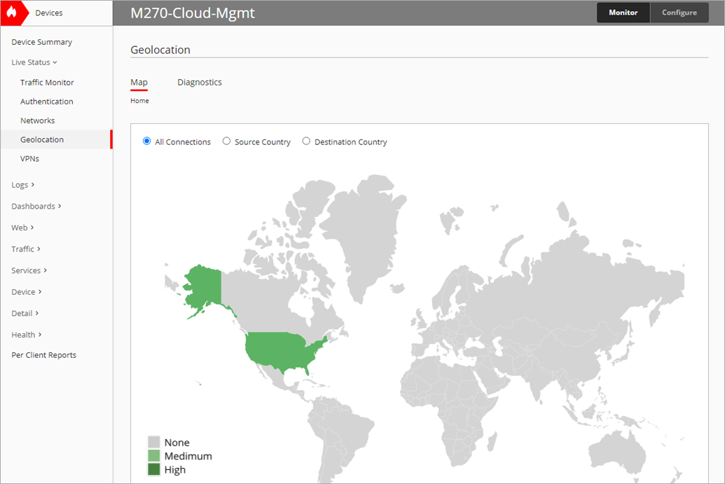Screen shot of WatchGuard Cloud, Live Status, Geolocation Map