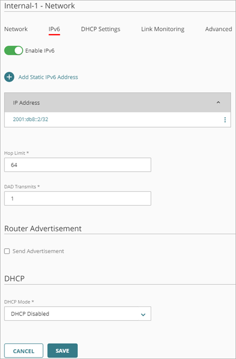 Screen shot of the IPv6 configuration for an internal network