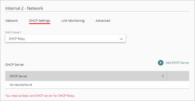 Screen shot of the DHCP Settings for an Internal network, with DHCP Relay selected