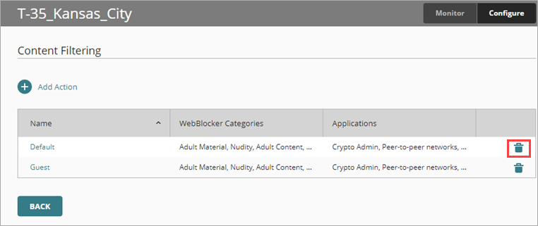 WatchGuard Cloud screen shot of Content Filtering page, delete icon