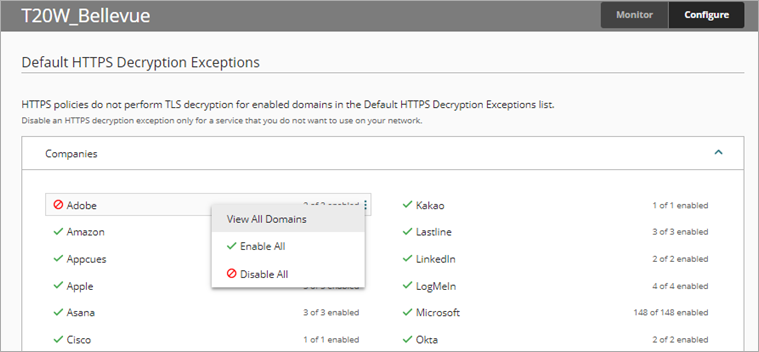 Screen shot of WatchGuard Cloud Exceptions page, View all domains
