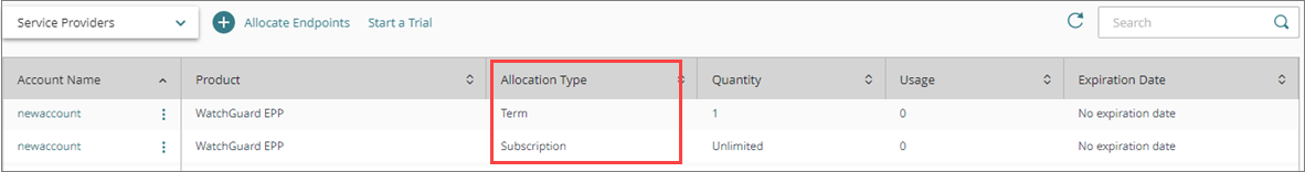 Screen shot of Inventory > Endpoints > Allocation page, Service Providers table.