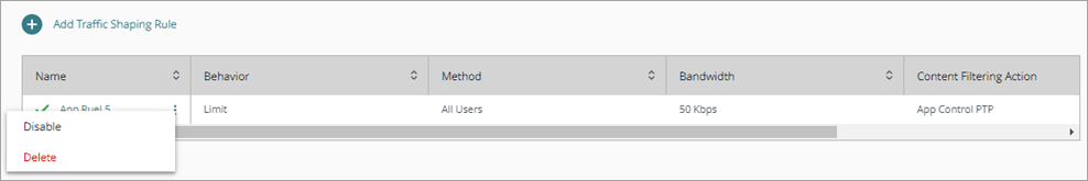 Screenshot of the Traffic Shaping Rules list.