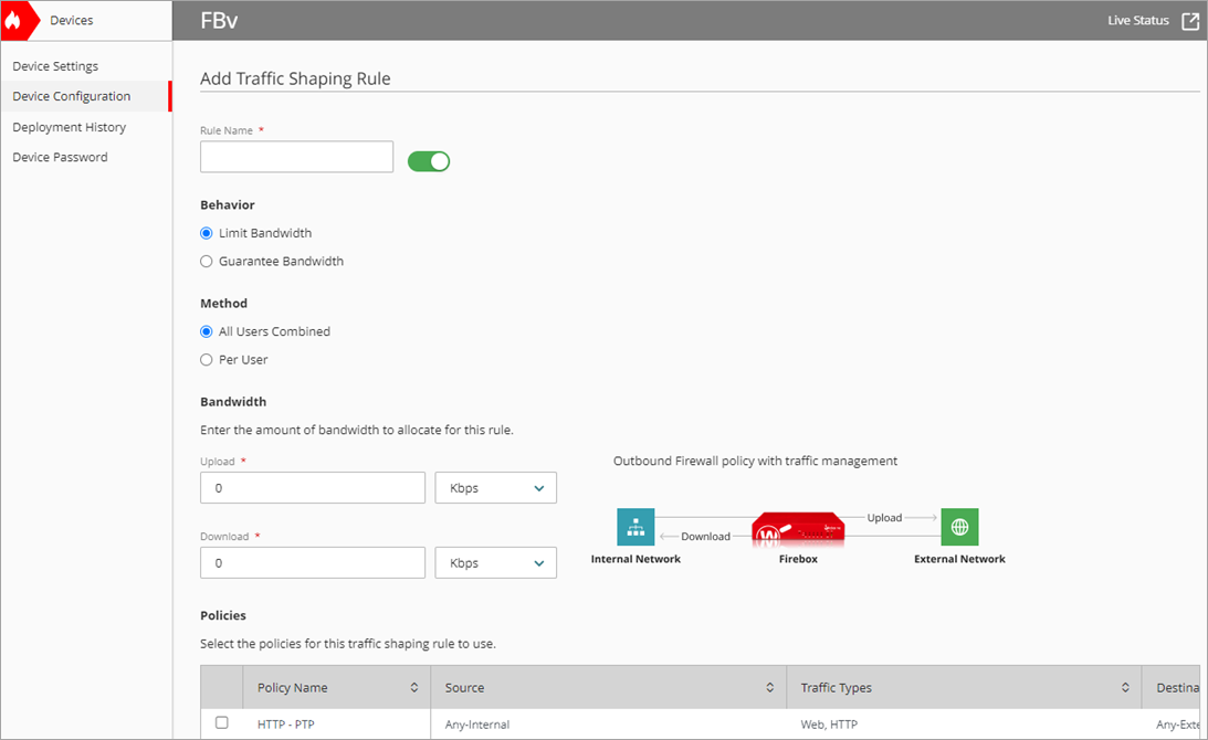 Screenshot of the Add Traffic Shaping Rule page.