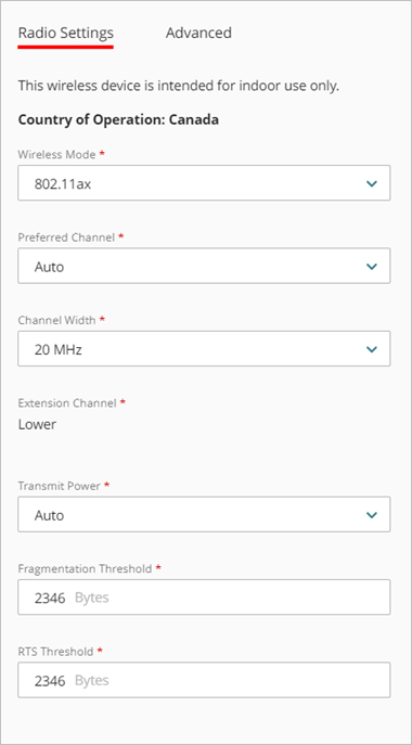 Screen shot of the Wireless Settings page for a dual radio Firebox, Radio Settings tab