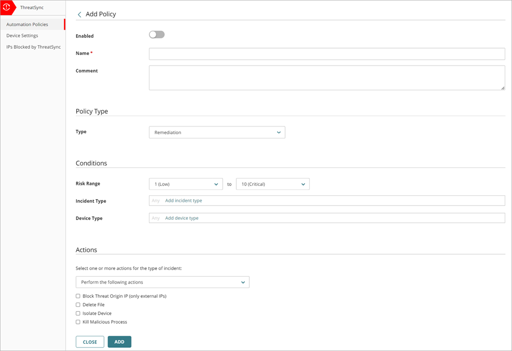 Screen shot of the Add Policy page in ThreatSync